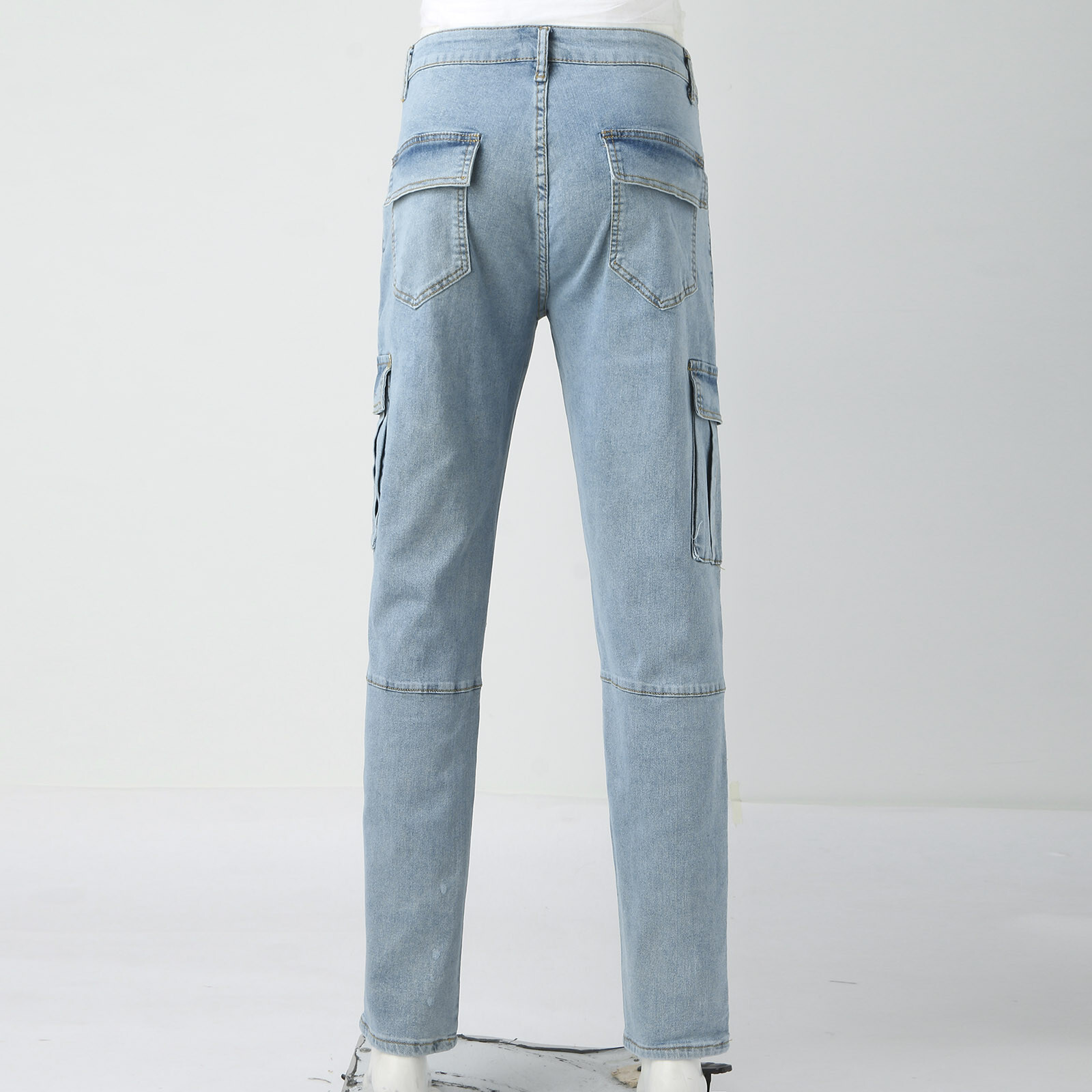 Large SIze Mens Soild Straight Hole Buckle Zipper Middle Waist Denim Long Pants