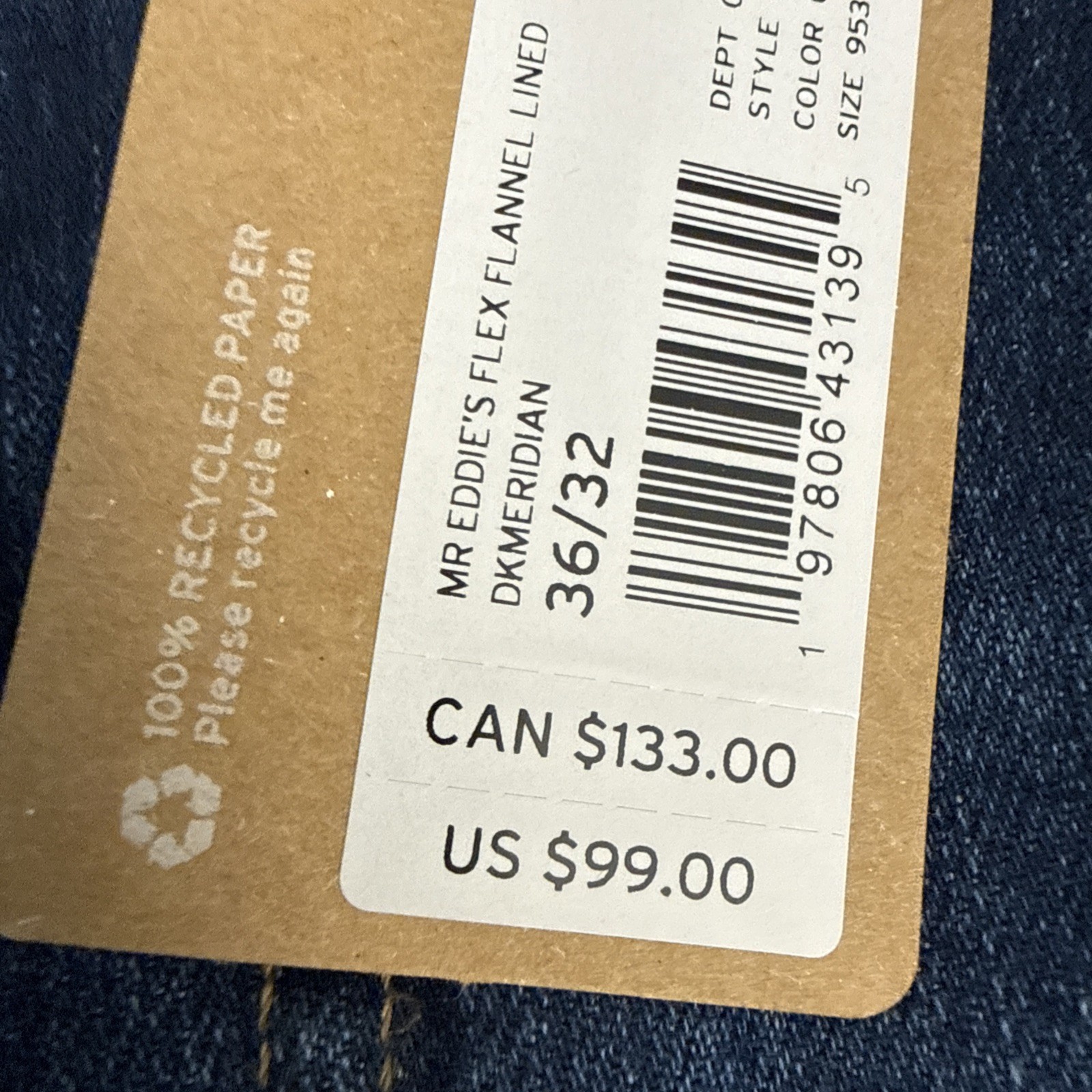 Eddie Bauer Men’s Flannel Lined Jeans 36×32 Straight Fit Brand New With Tags