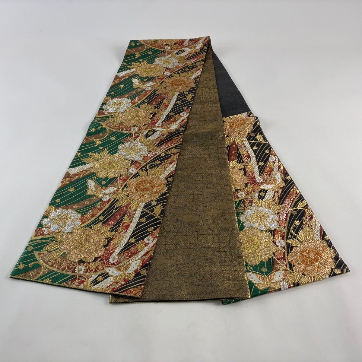 Fukuro Obi Flowers Butterfly Gold Silver Thread Foil Six Panel Green Silk 432cm