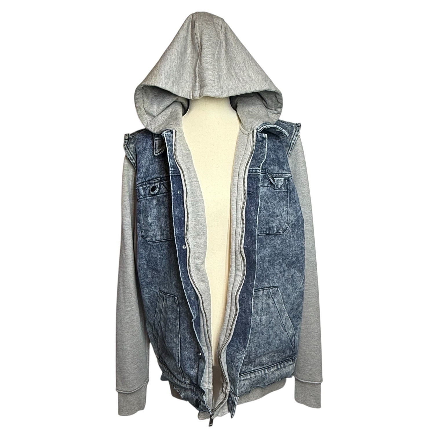 IMKING Hooded Denim Jacket Blue Gray Button Logo Zipper Men’s Size M