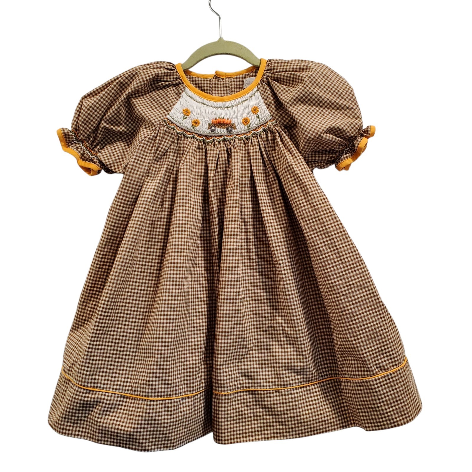 Petit Ami brown Fall Gingham Smocked pumpkin dress 12 Months W/ Bloomers