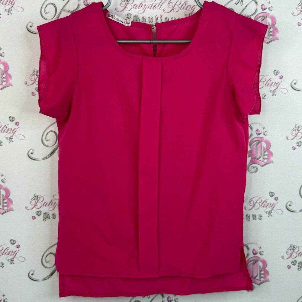 Classic T-shirt bright pink Fuchsia Women’s Blouse pleated detail front keyhole