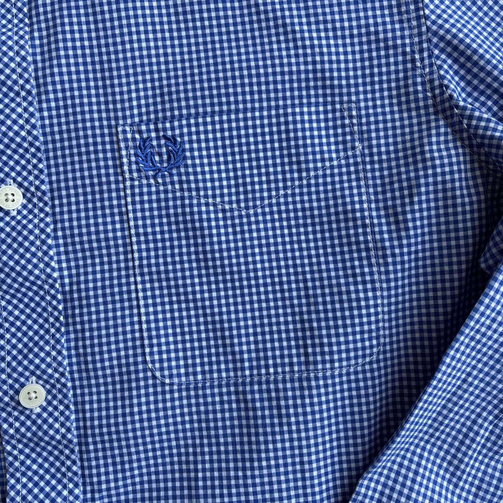 Fred Perry Gingham Check Shirt Men’s Large L Blue White Cotton Button Down