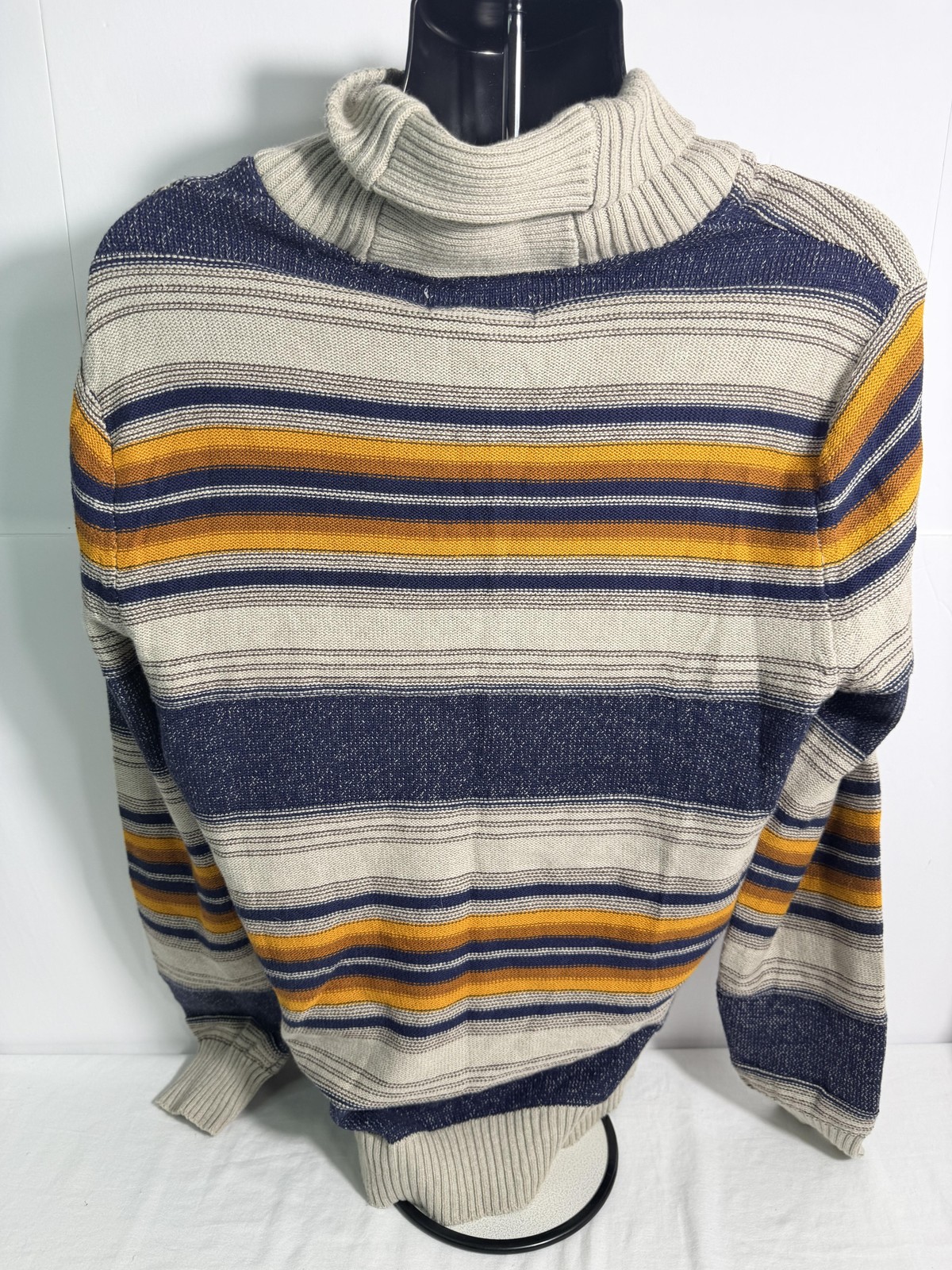 Sun and Stone Sweater Mens Large Beige Navy Shawl Collar V-Neck Knit Casual