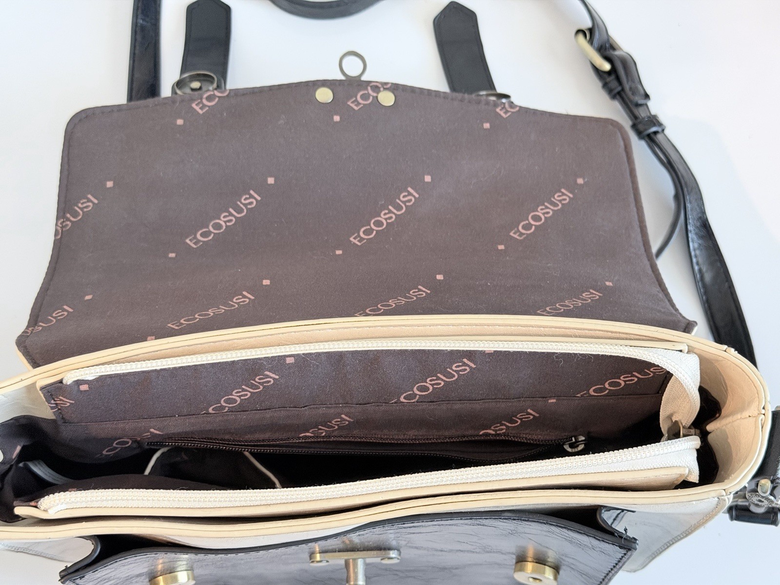 ECOSUSI Beige Black Satchel Crossbody Bag Vintage Style Top Handle Purse