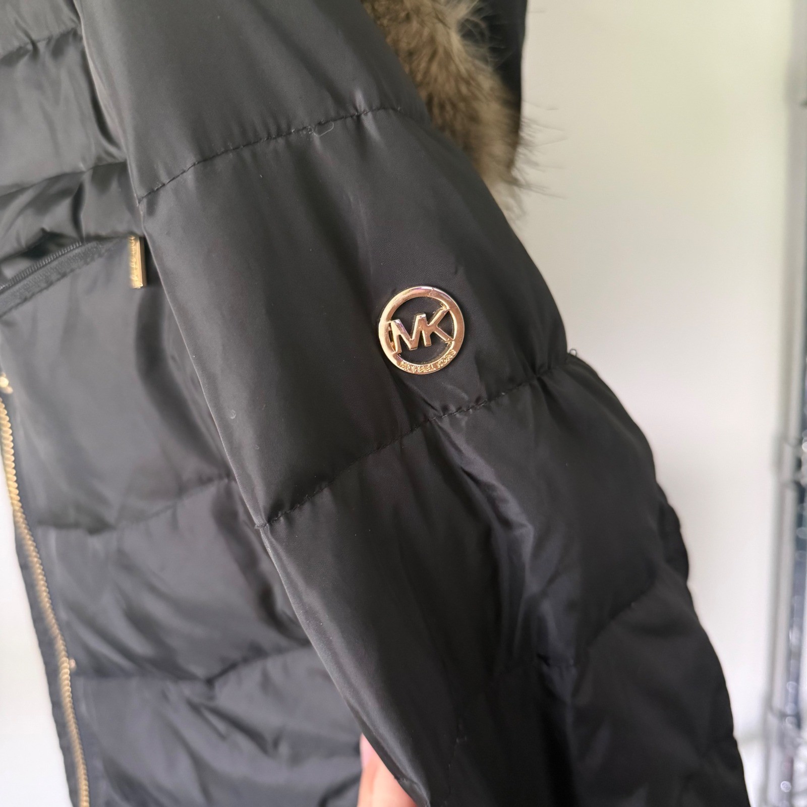 Michael Kors Black Down Puffer Coat Faux Fur Hood Long Parka Jacket Womens Large