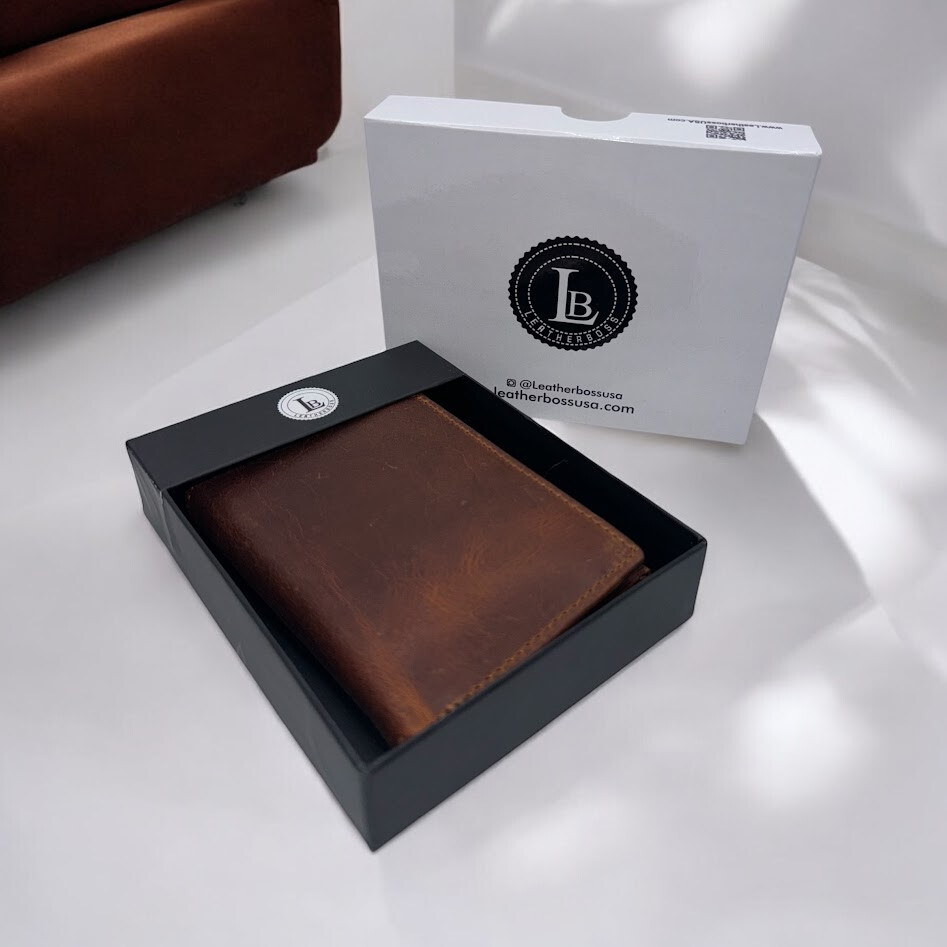 RFID Blocking Brown Vintage Leather Men’s Trifold Center Flap Wallet
