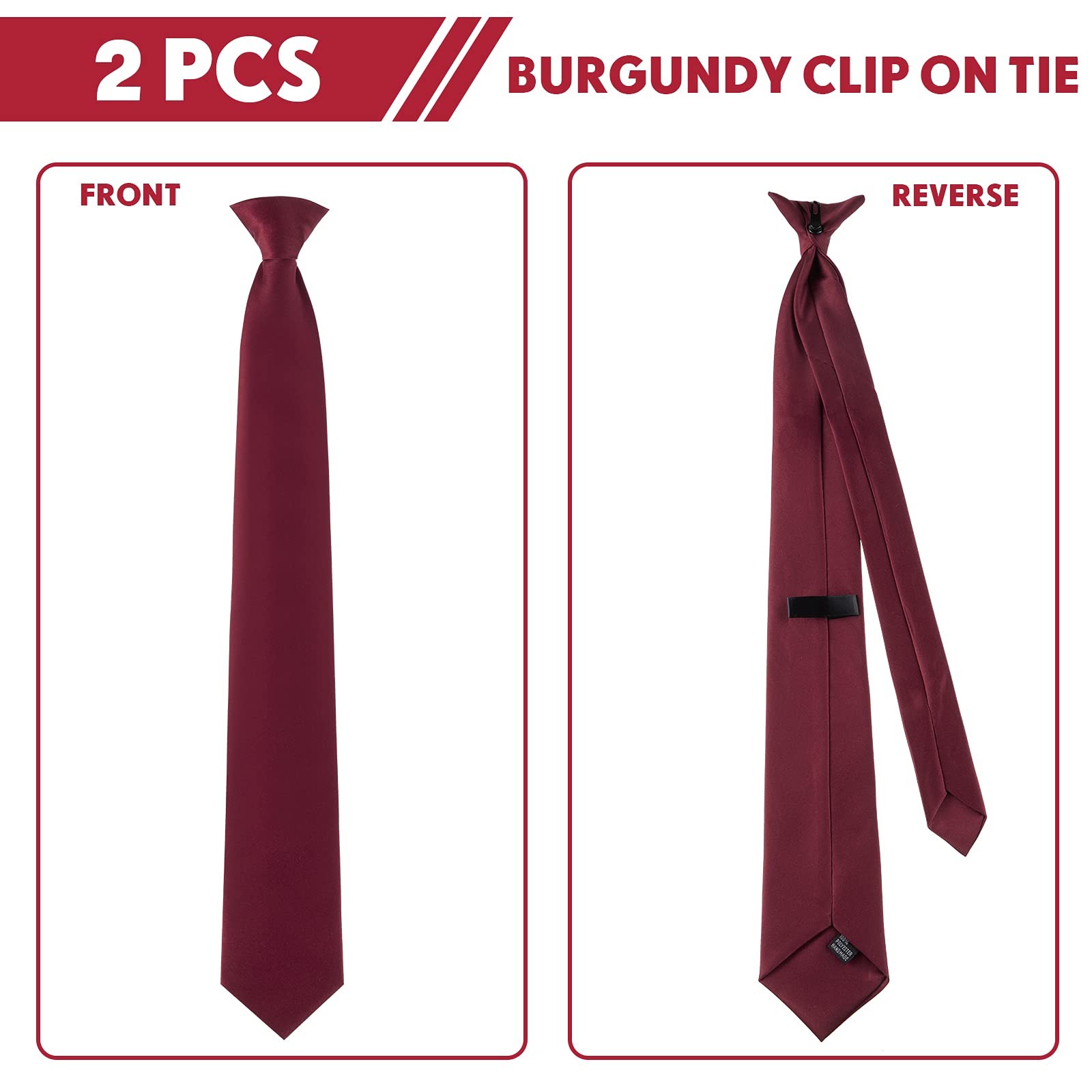 2 Pieces Men’s Clip on Ties 20 Inches Solid Color Clip on Ties Pre Burgundy