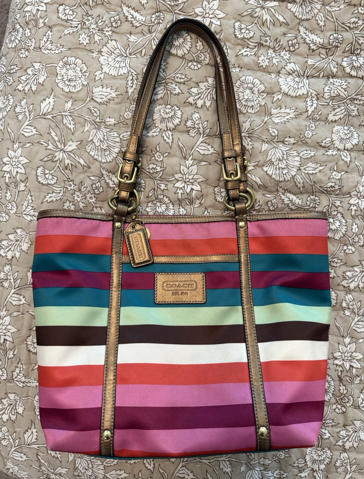 Coach Legacy Stripe Sateen Tote Bag Zip Closure Inner Pockets Bag Charm