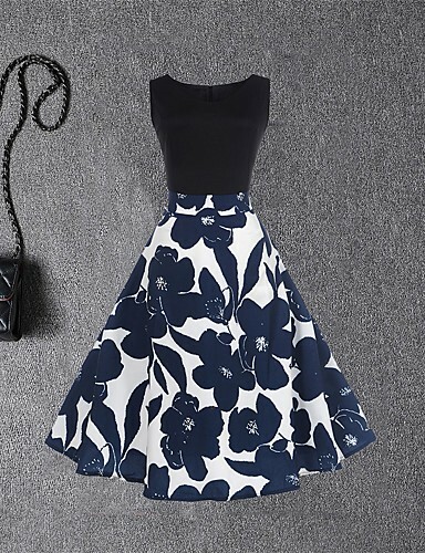 Women’s Vintage Dress Round Neck A-Line Dress Sleeveless Floral Summer Party