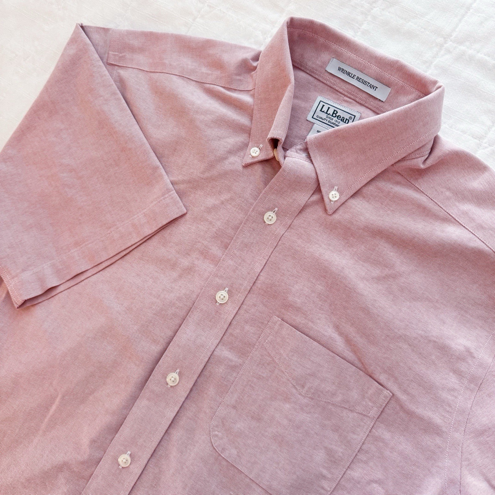 LL BEAN Shirt Mens 15.5-Reg Oxford Wrinkle Resistant Button Up Cotton Pink