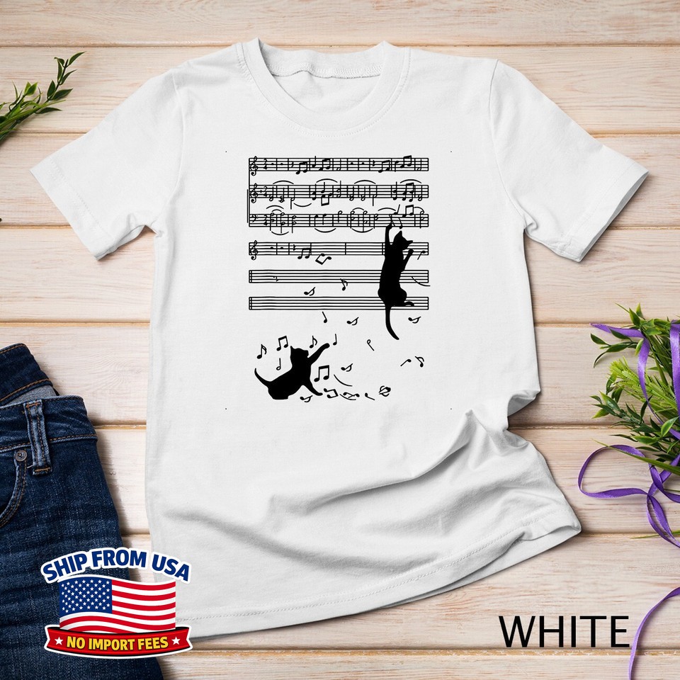 Black Cat Climbing Playing Sheet Music Note Gift Idea Funny Unisex T-Shirt
