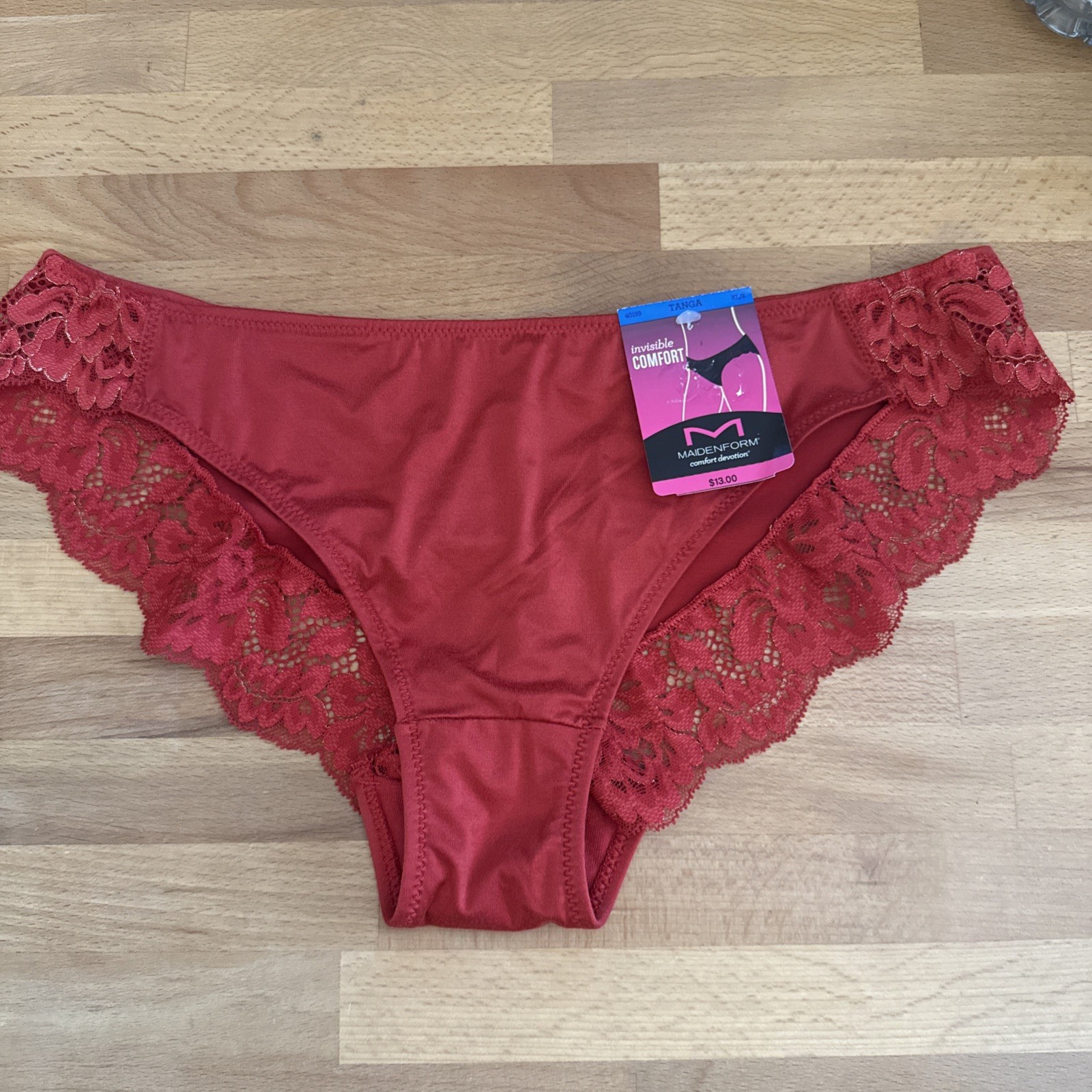 MAIDENFORM Comfort Devotion Red Rose Gold Lace Back Tanga Panty XL/9