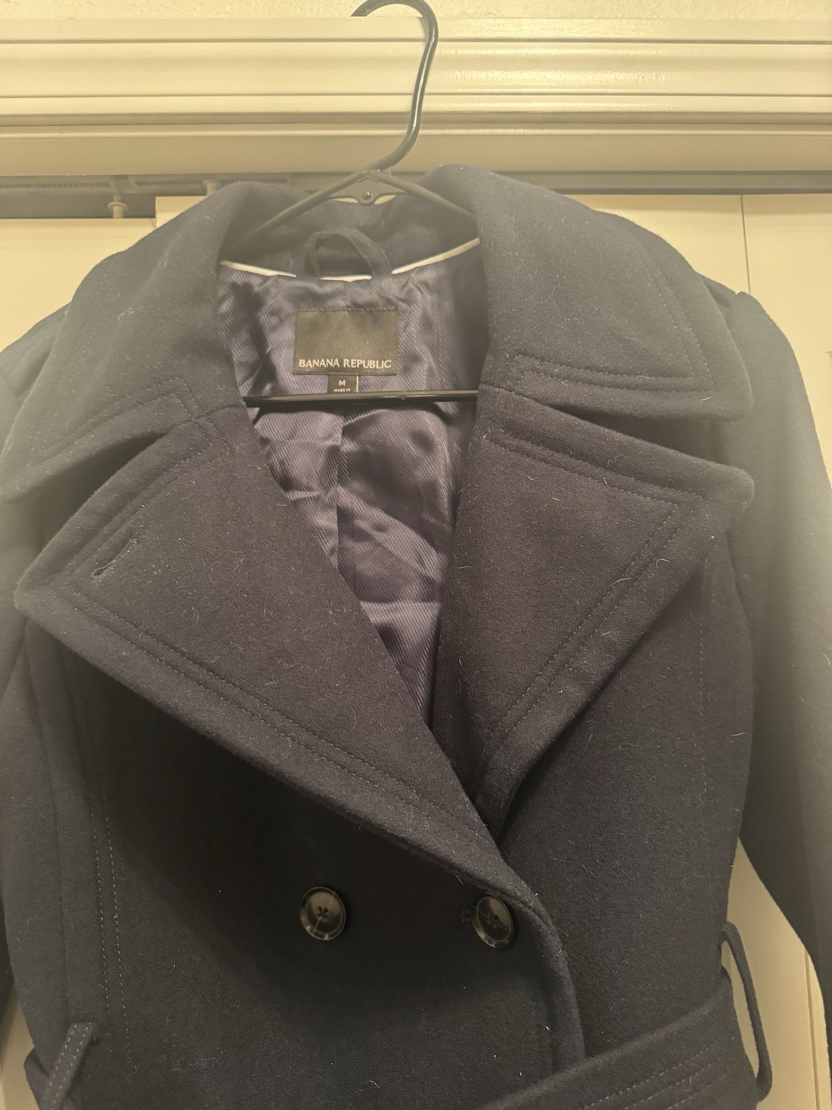 Banana Republic Mario Bellucci Long Wool Belted Trench Coat Navy Blue Medium
