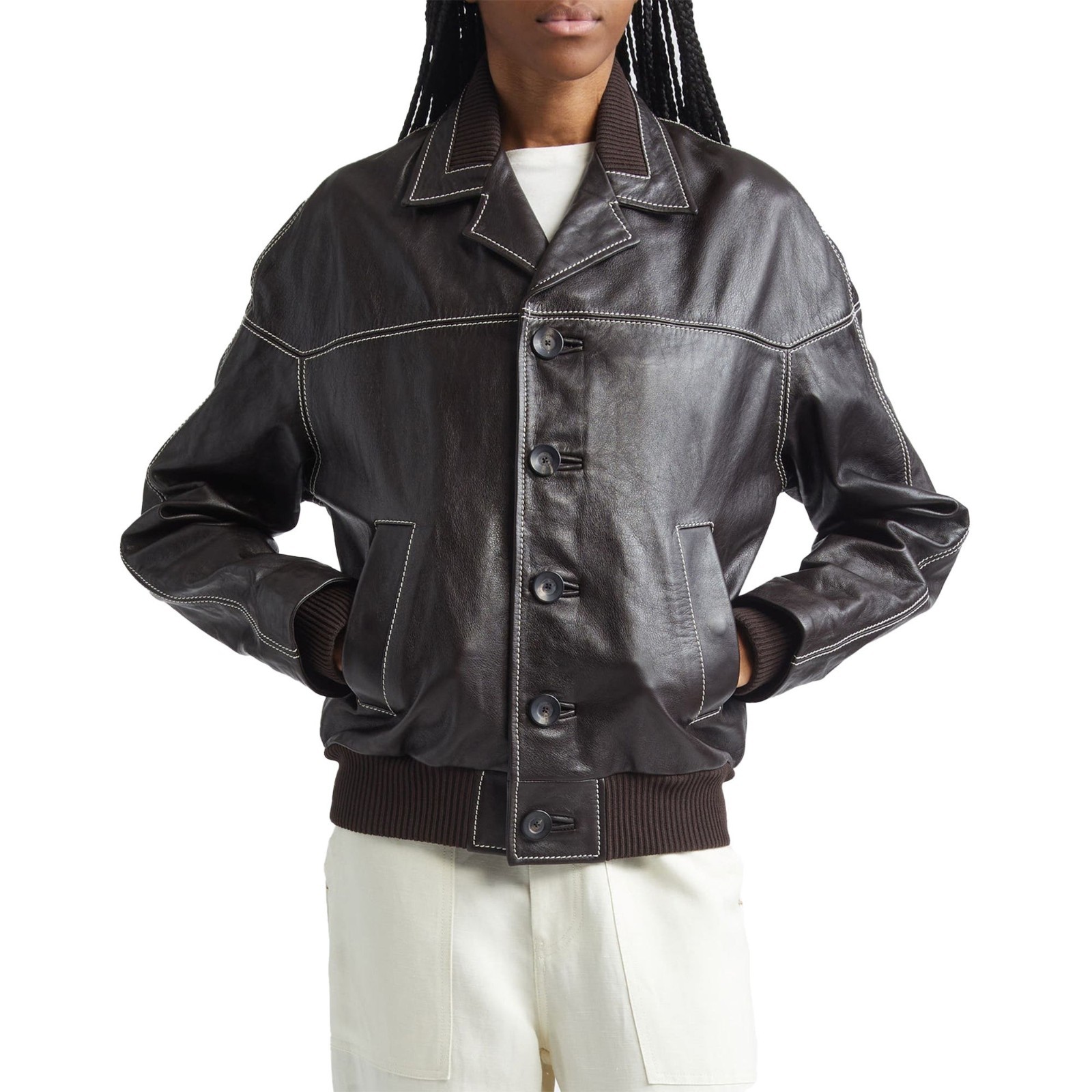 Women’s Real Leather Jacket Dark Brown Button Up Contrast Stitch Biker Coat