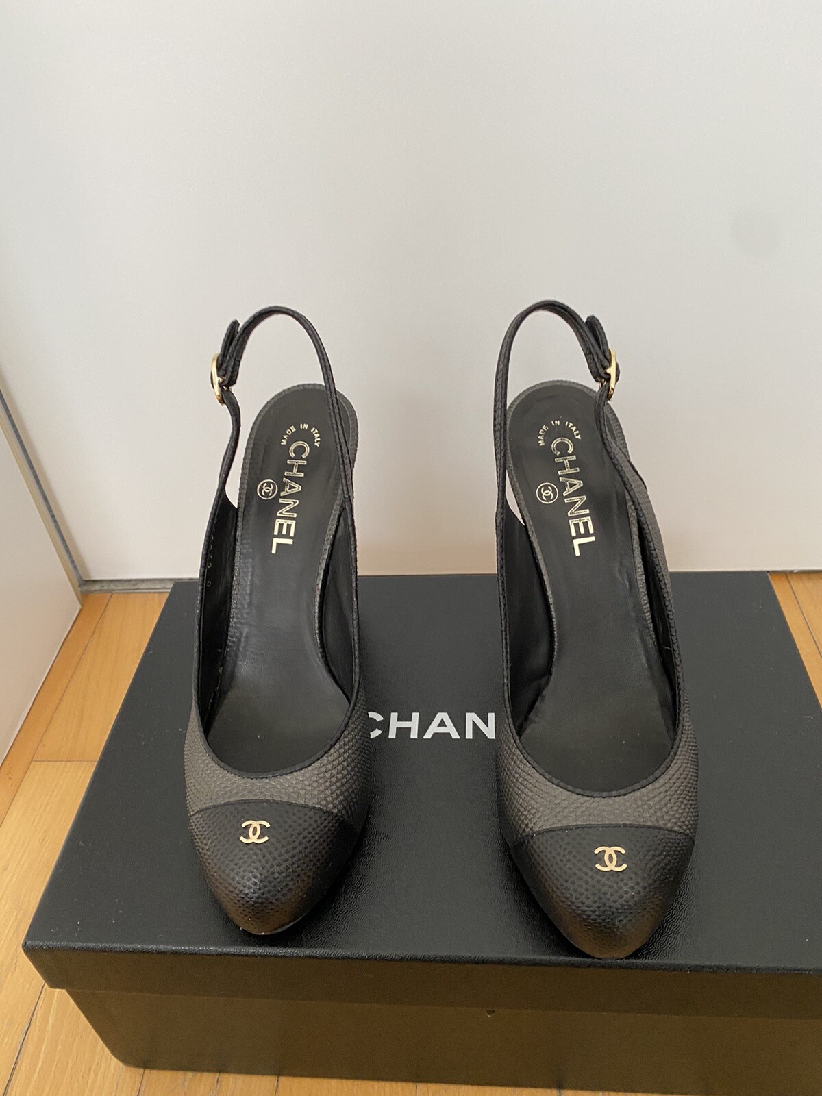 Chanel slingbacks 39.5. Black and Grey, Platform, Heel 12cm