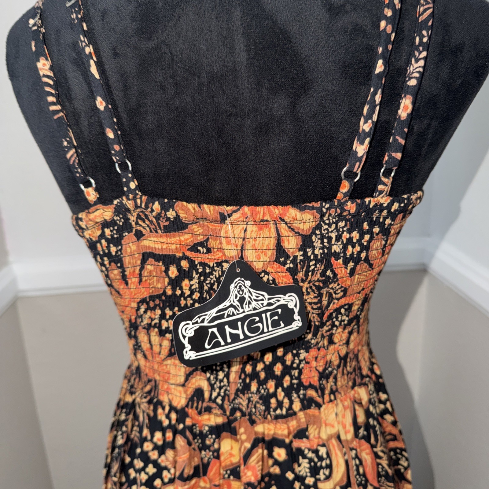 NWT Angie Boho Cottage Floral Smocked Crochet Front Maxi Dress Black $78 Small
