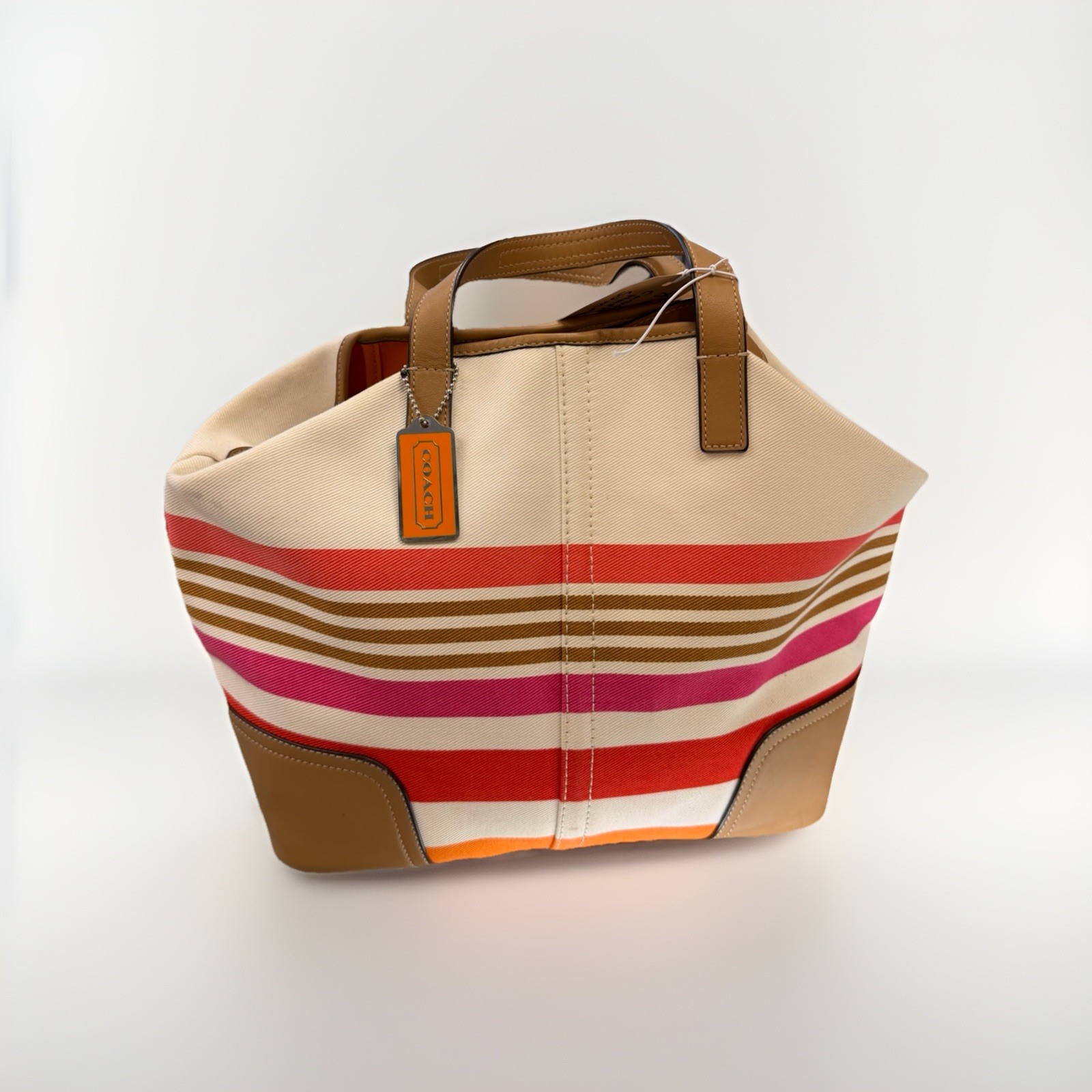 Coach Striped Canvas & Leather Tote Bag Cream Brown Pink Orange Bag Charm