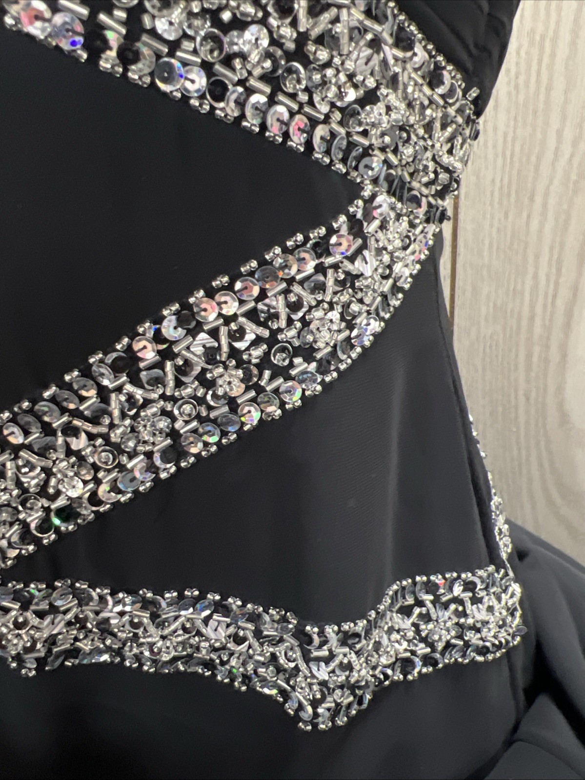 FLIRT Maggie Sottero Black Sequined Prom Gown Evening Dress Size 10 Preloved GUC