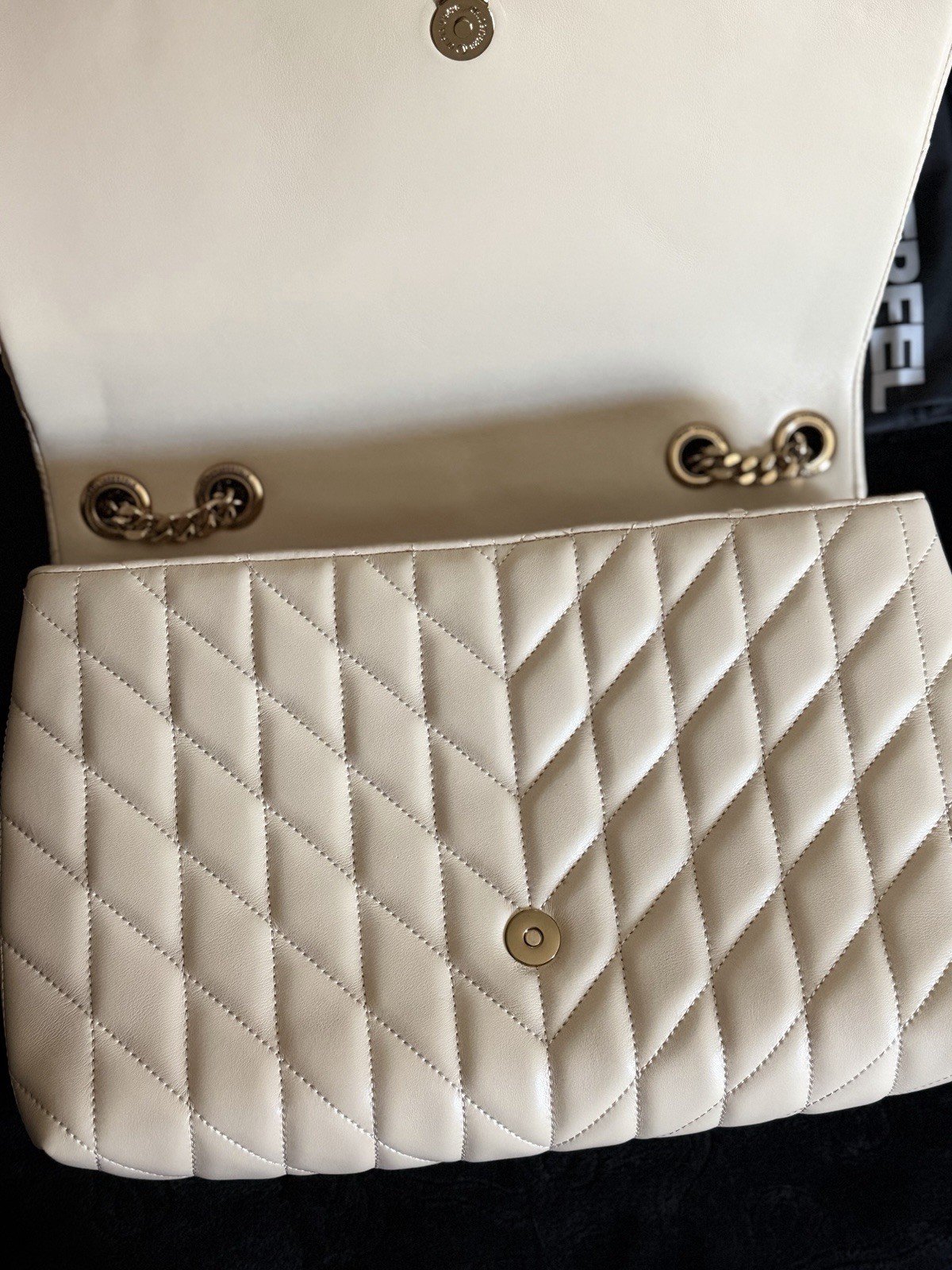 KARL LAGERFELD PARIS Cream Quilted Genuine Leather Shoulder Bag Gold Chain