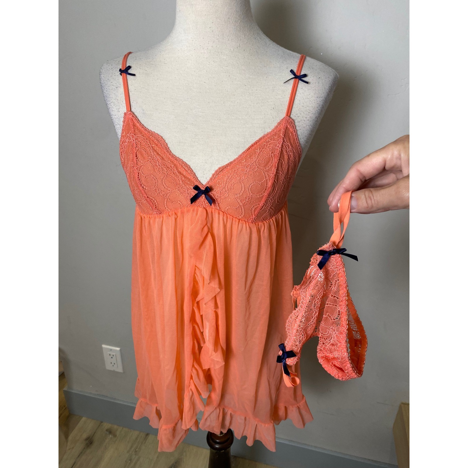 Cosabella Amore Babydoll Thong Set Coral Orange Lace Mesh Ruffle Bows 2PC Small