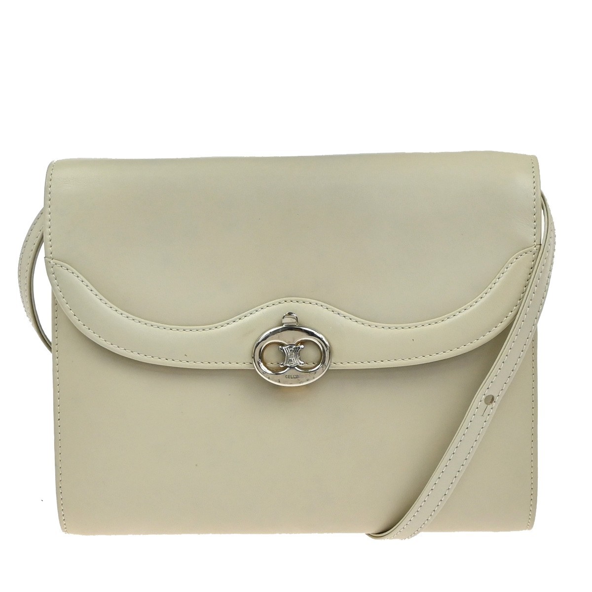 CELINE Logo 2Way Shoulder Clutch Bag Leather White GHW Italy 65KP568