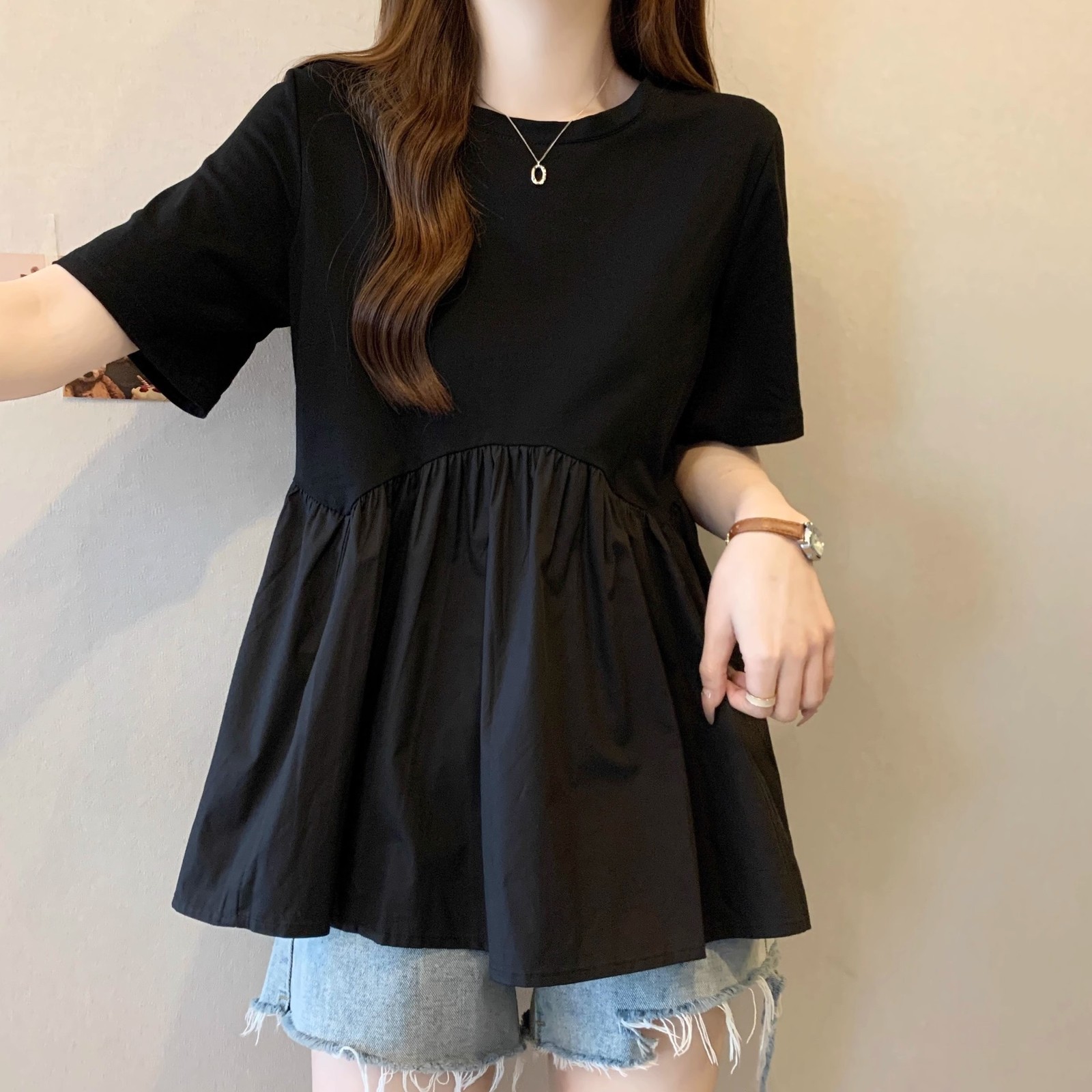Plus-size Womens Black Doll Shirt Short-sleeve T-shirt