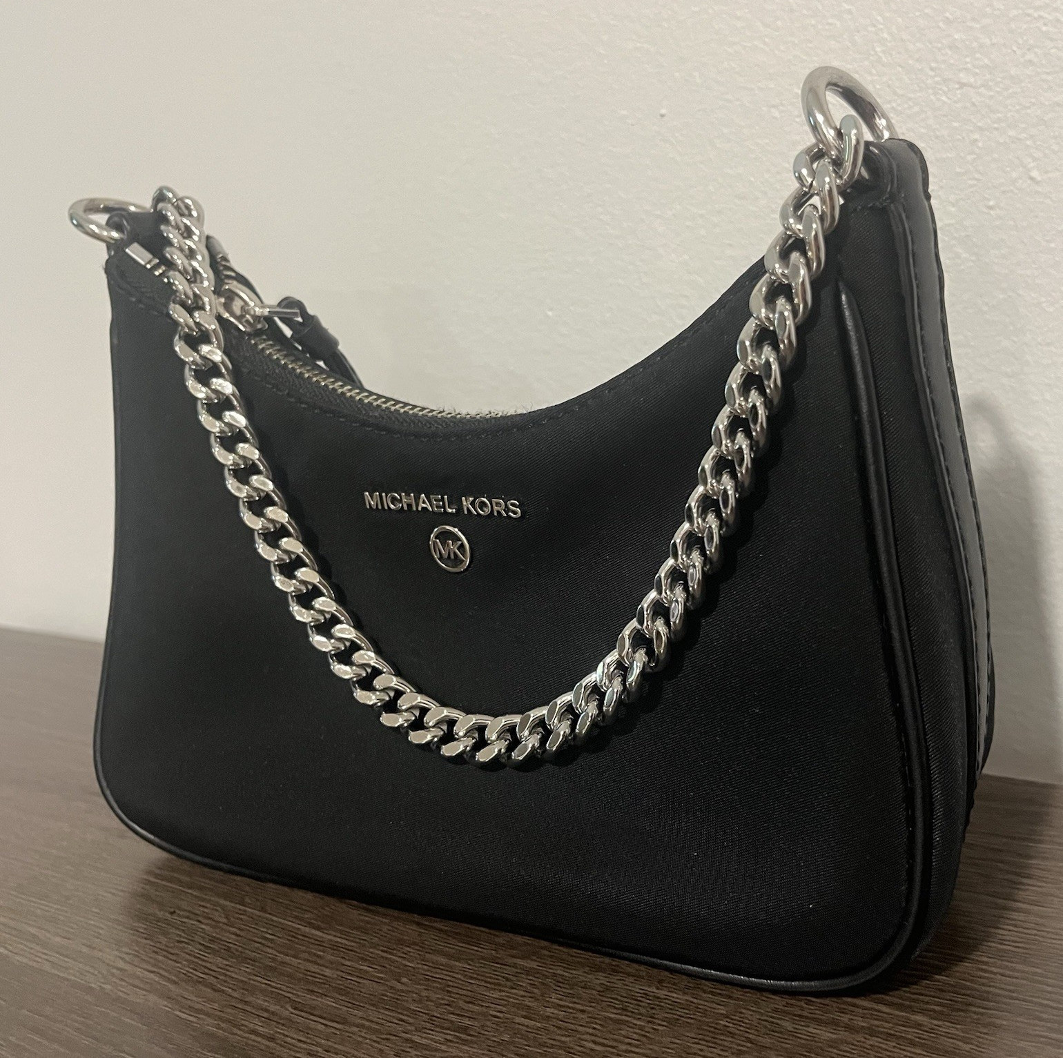 Michael Kors Black Small Crescent Shoulder Bag Silver Chain Strap Zip Detach