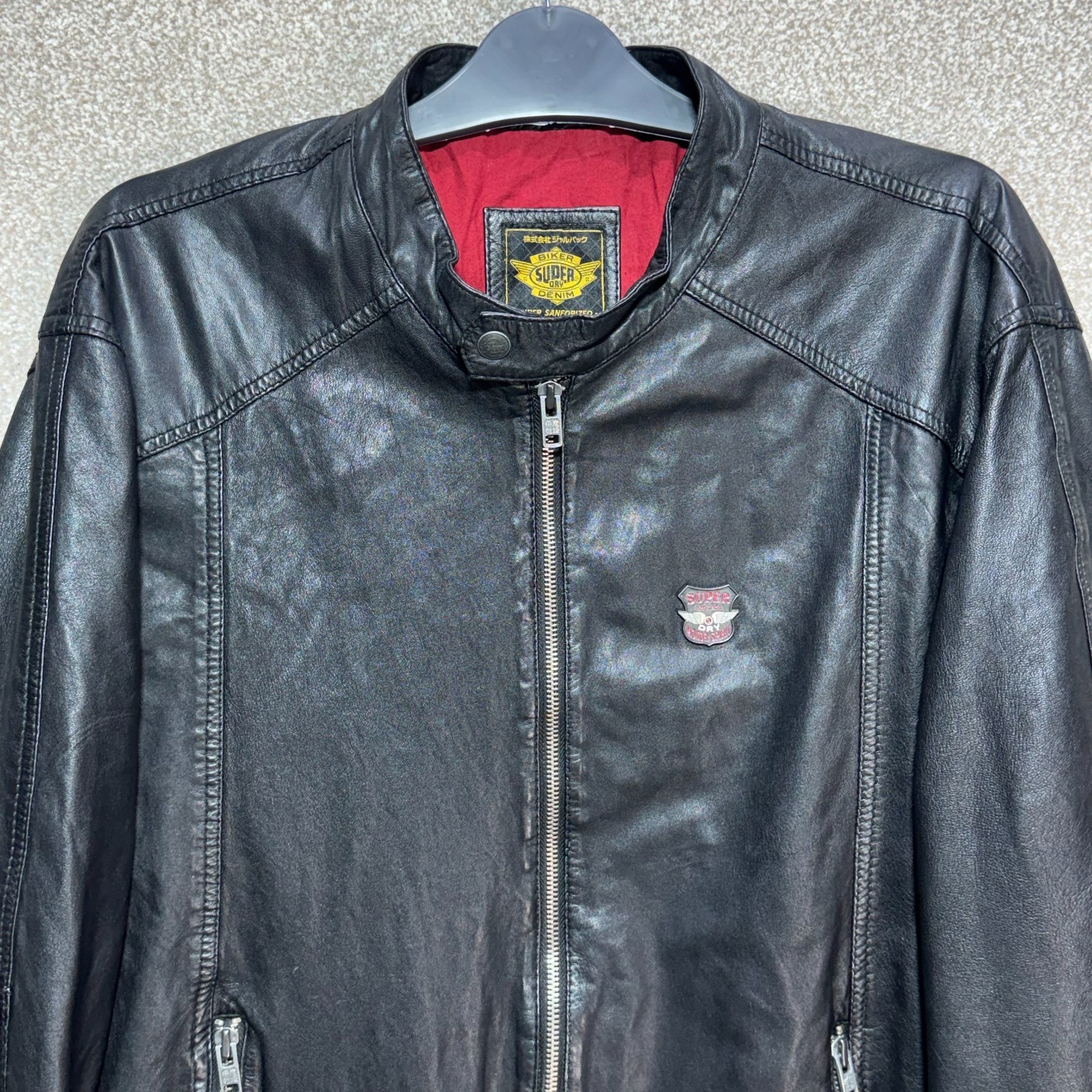 Superdry Leather Biker Jacket Mens XL Black Cafe Racer Moto Motorcycle