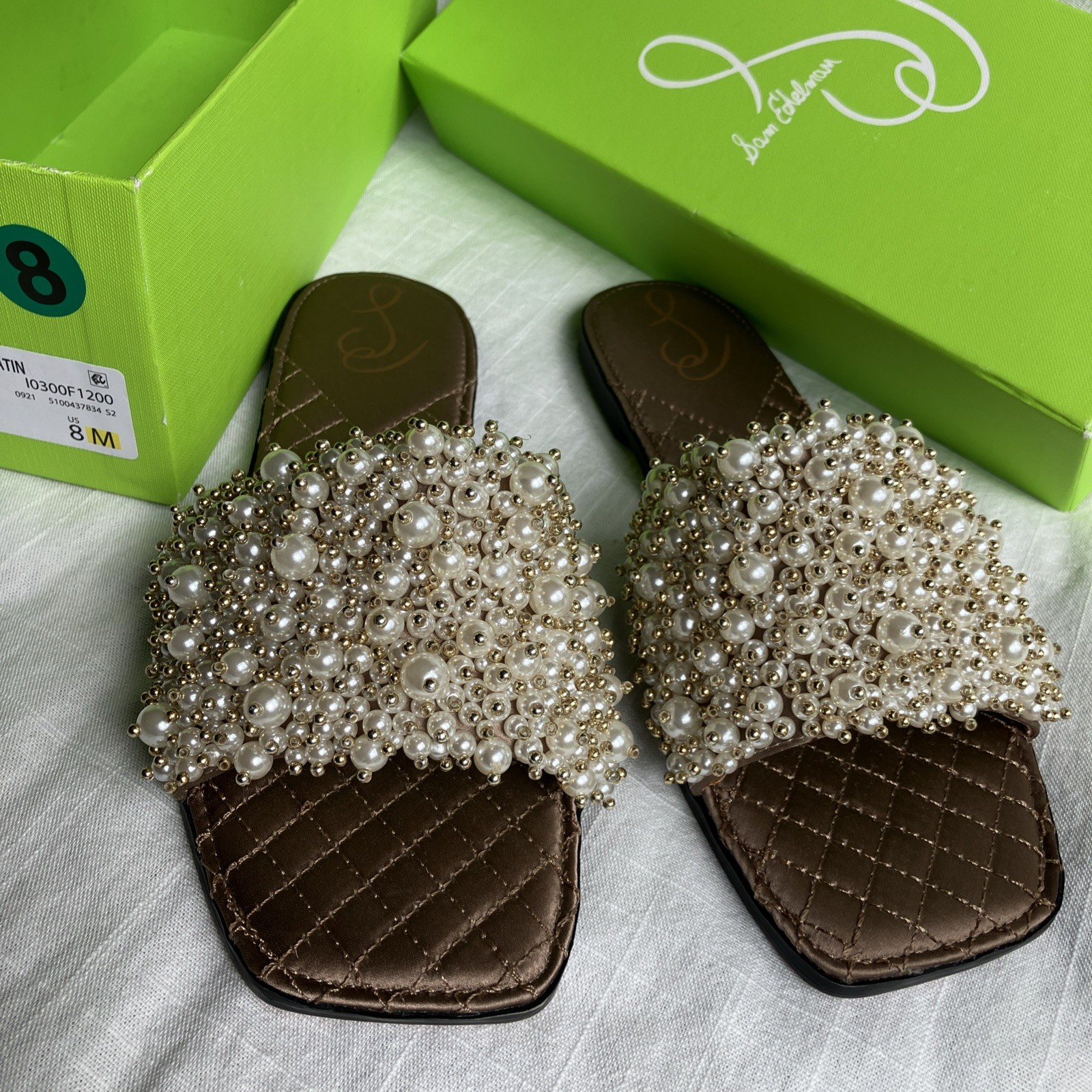 Sam Edelman Toffee Pearl Embellished Quilted Elijah Slide Sandals Size 8 gold