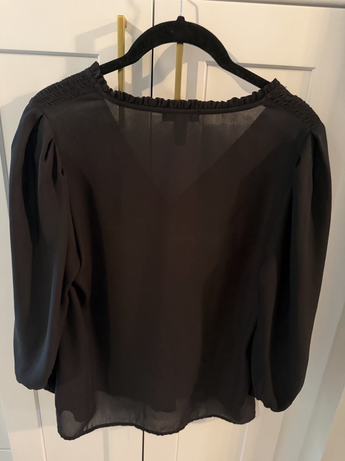 AQUA Black Chiffon Sheer V-Neck Button Front Smocked Cuff Blouse S