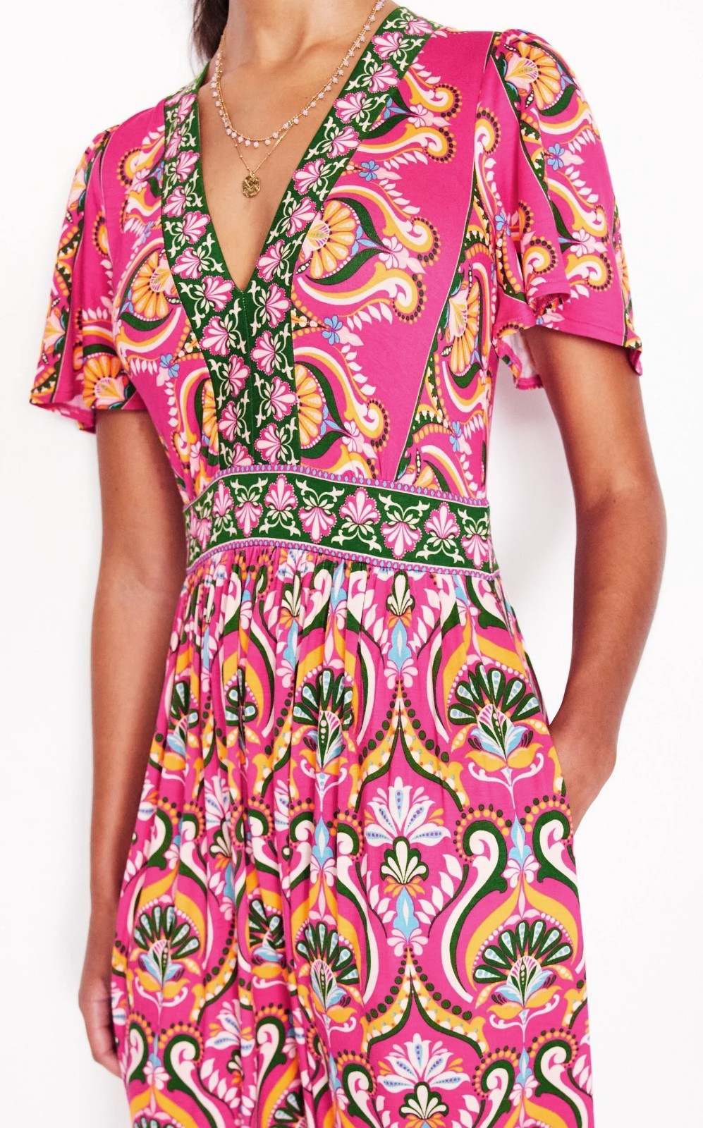 Boden ELLIE FLUTTER V-Neck Pink/Green/Yellow Short Sleeve Jersey Maxi Dress 18R