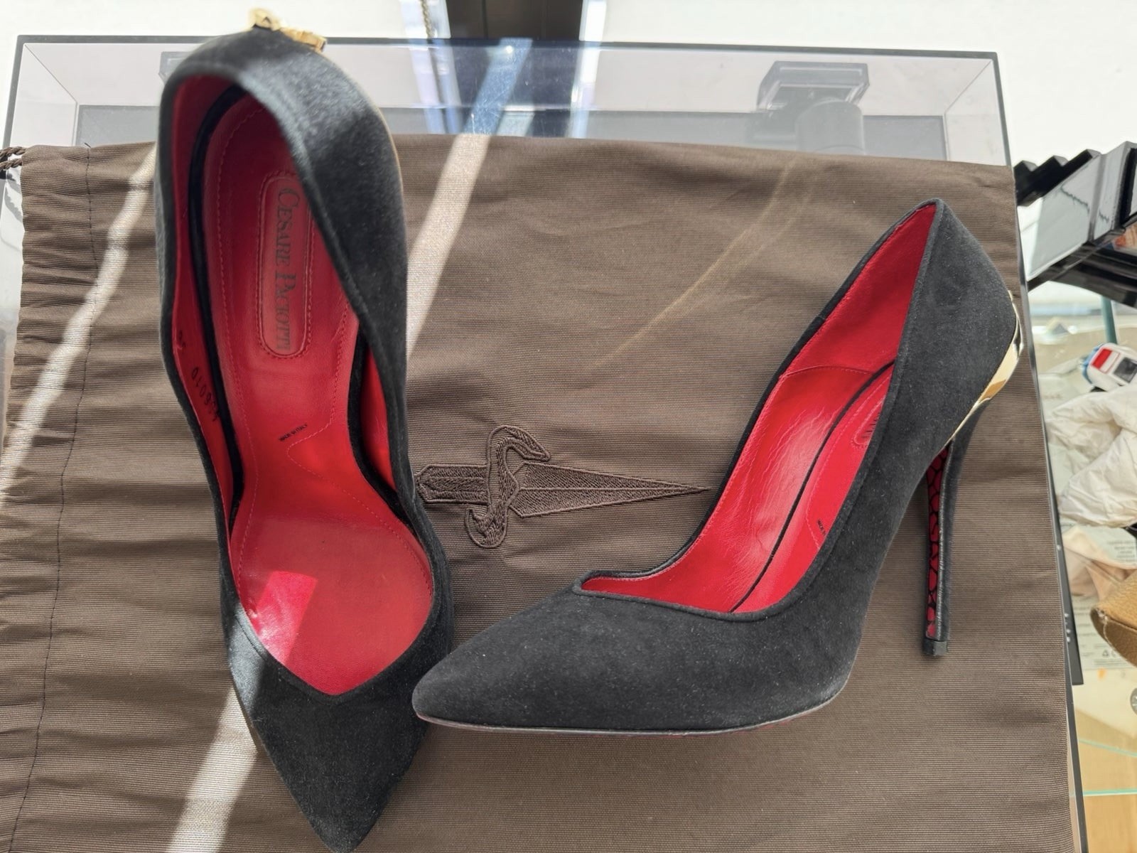 Cesare Paciotti Black Suede Pumps Gold Hardware Pointed Toe Stiletto Heel