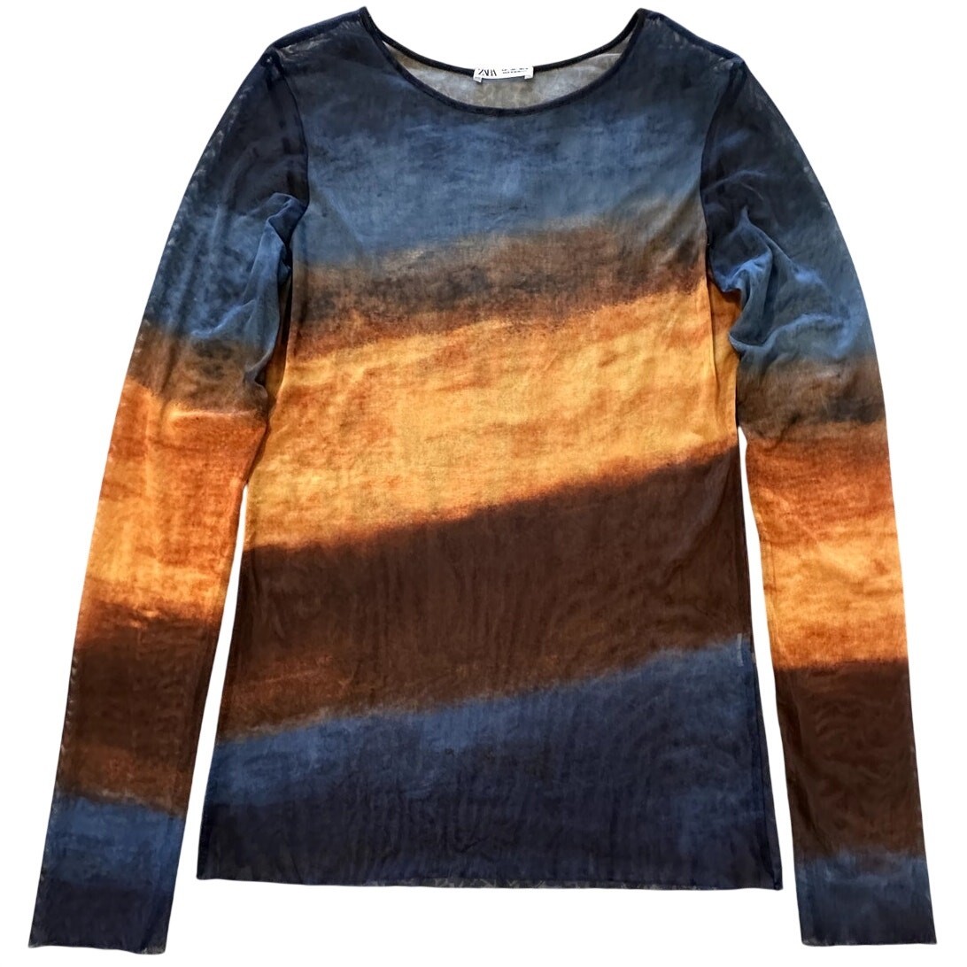 Zara Sheer Mesh Top Sunset Ombre Raw Hem Fitted L