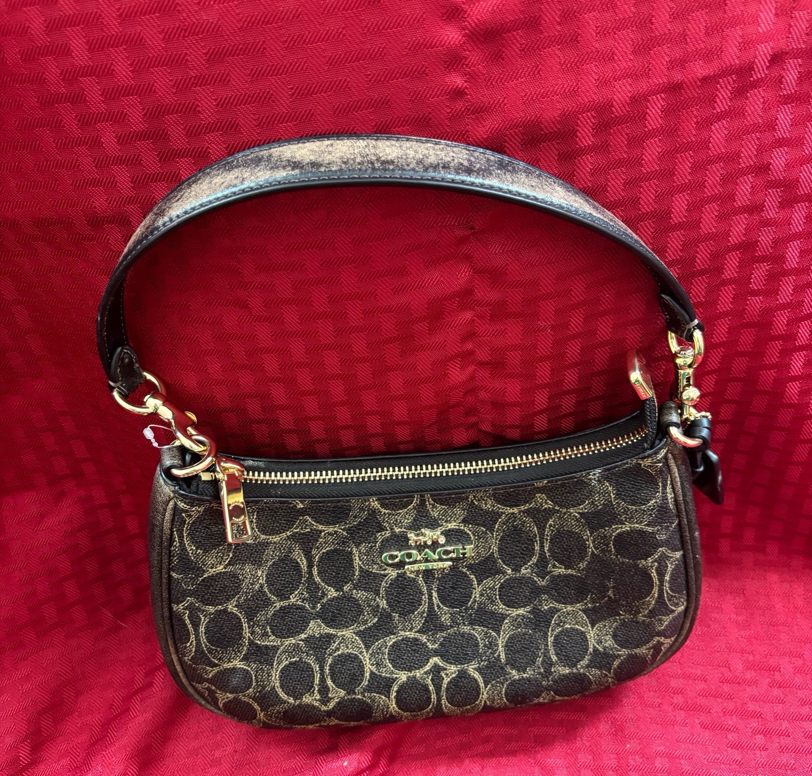 Coach Teri Small Brown Signature Logo Crescent Shoulder Bag Zip w/ Charm Strap