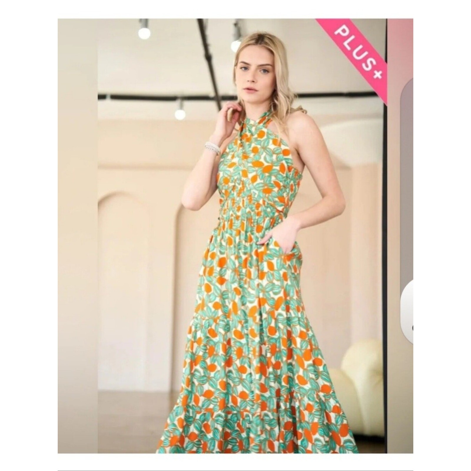 Davi & Dani 2XL Citrus Print Halter Maxi Dress Smocked Top NWT Lined Resort Boho
