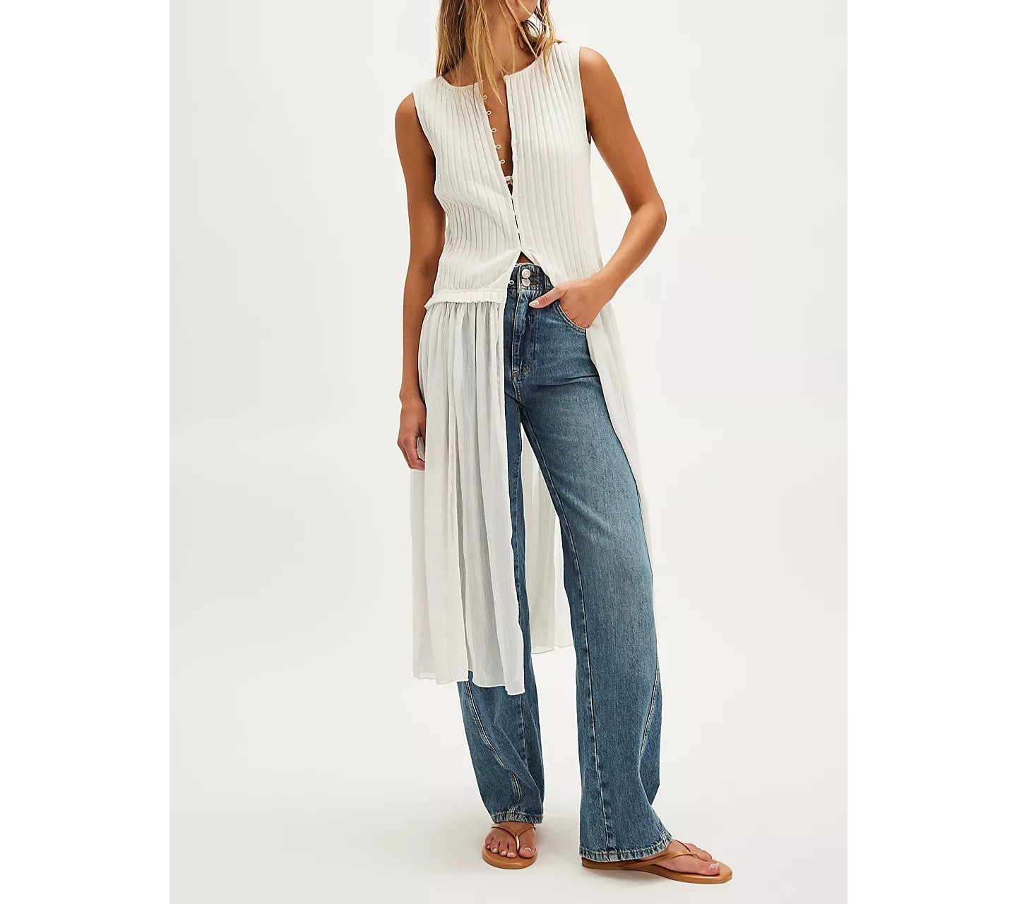 Free People Twice As Nice Maxi Tunic Top White Buttondown Sleeveless XL 280923
