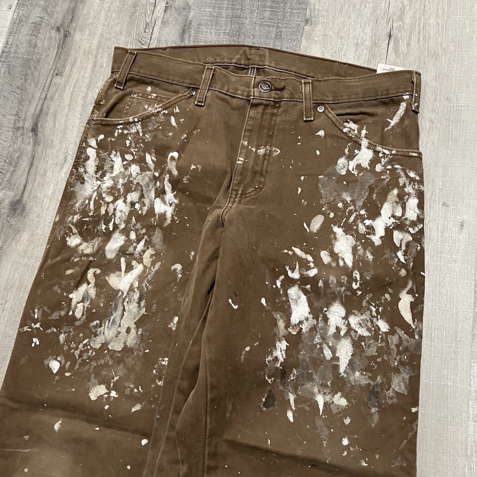 Dickies Paint Splatter Canvas Carpenter Work Pants Brown Skater Distressed Sz 34