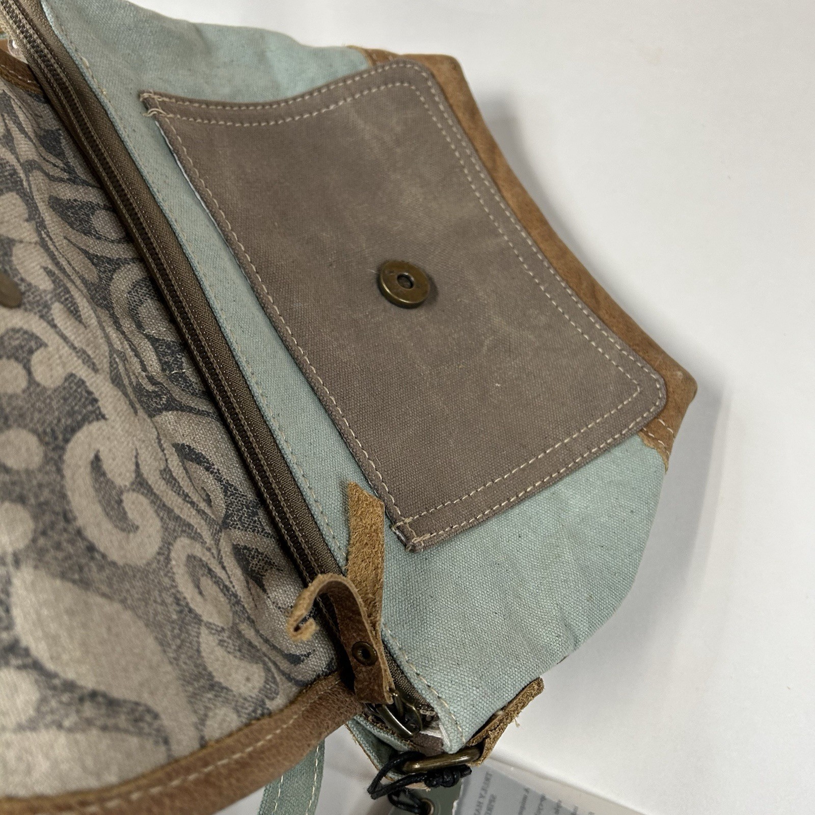 NEW Myra Bag Crossbody Bag Small Canvas Leather Blue Brown Flap #1246