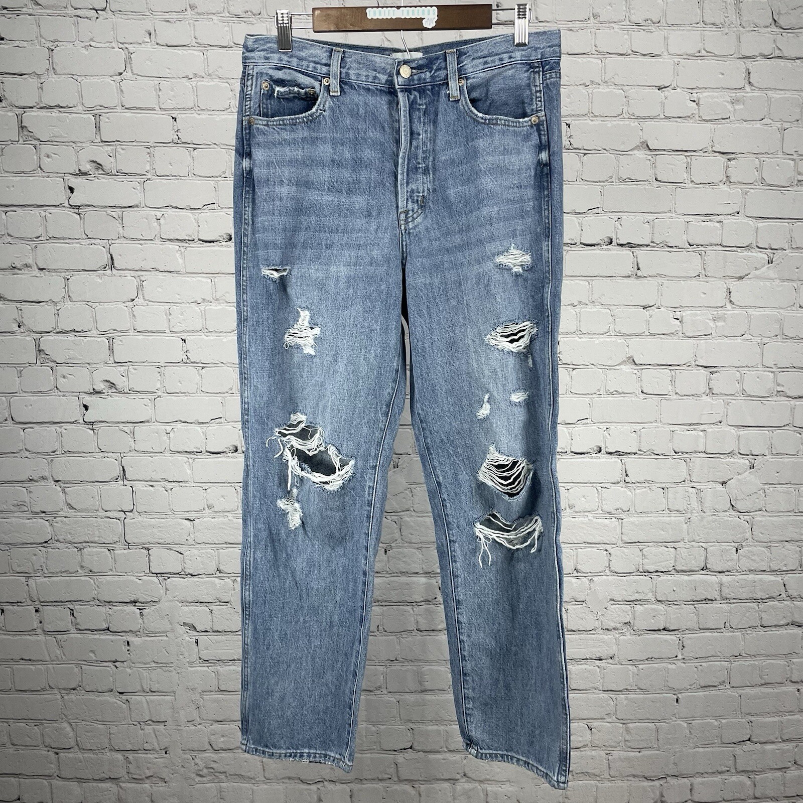 Pistola Blue Denim Distressed High Rise Medium Wash Tapered Jean Size 28 (30×28)