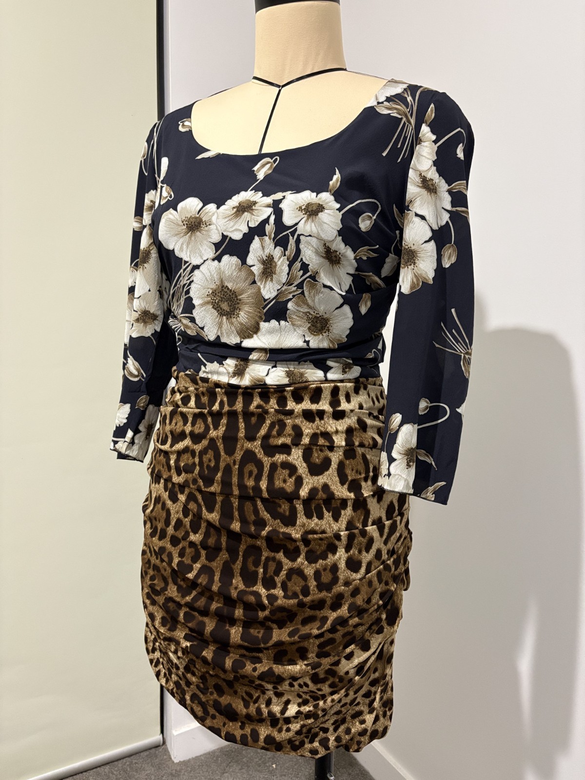 Dolce & Gabbana Floral and Leopard Mixed-Print Ruched Dress – Size 46