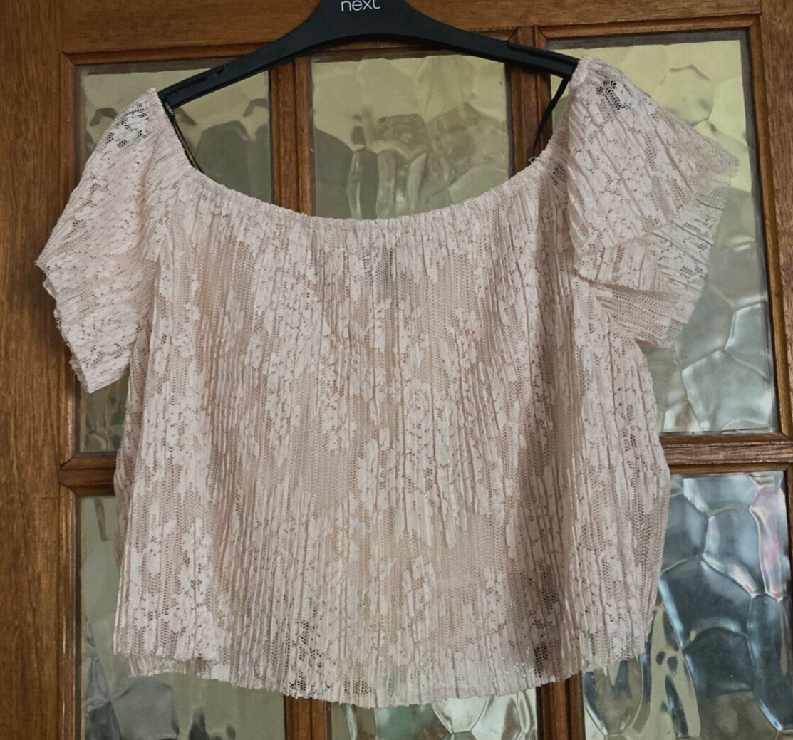 VGC Ladies FOREVER 21 Ecru CHAMPAGNE Sepia OYSTER LACE Off The Shoulder Blouse L