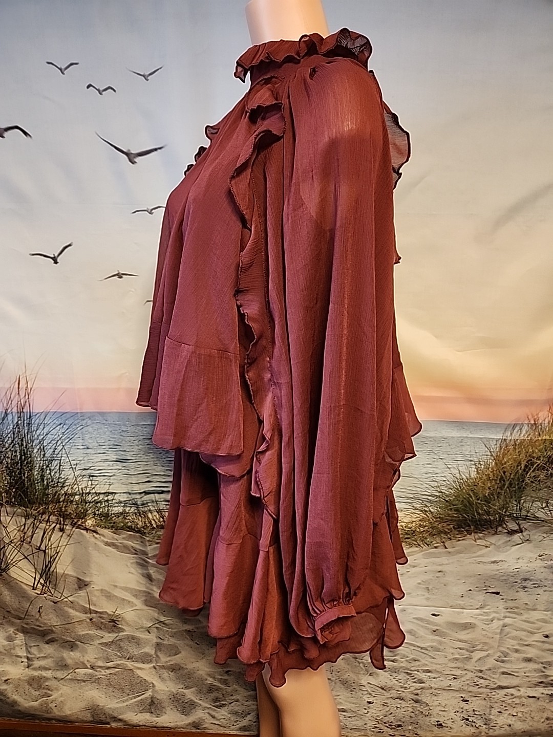 new Commense Red Semi-Sheer Chiffon Ruffle Dress with Cape Overlay, Large