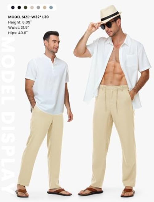 Men’s Linen Pants Casual Travel 5 Pockets Lightweight 30W x 29L Light Khaki