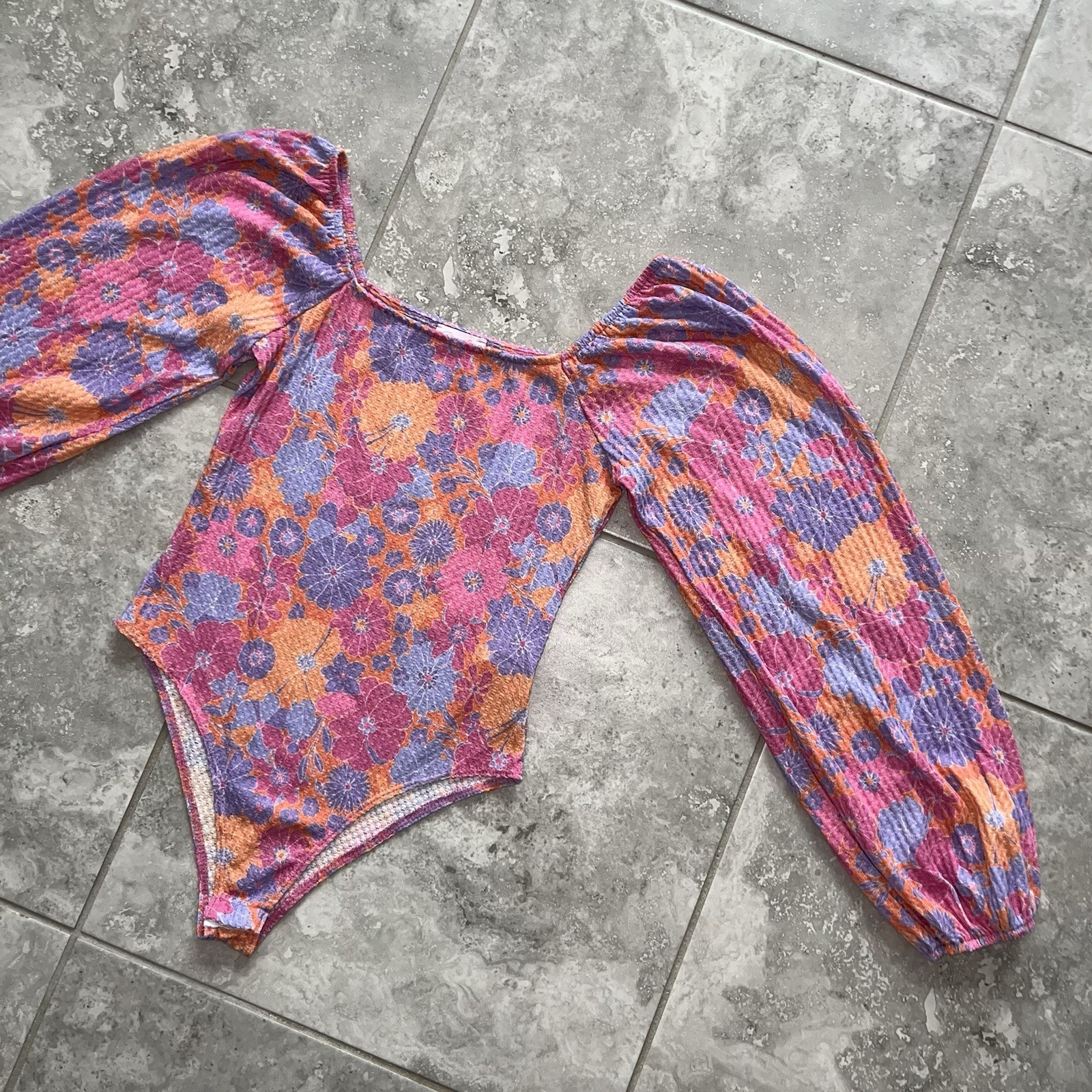 Pink Lily Balloon Sleeve Thong Bodysuit Top Pink Floral Hippie 90s Boho New S