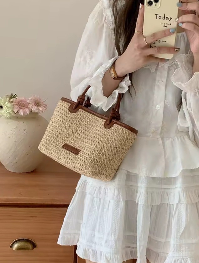 Straw Woven Crossbody Top Handle Knot Bucket Bag for Women Handbags