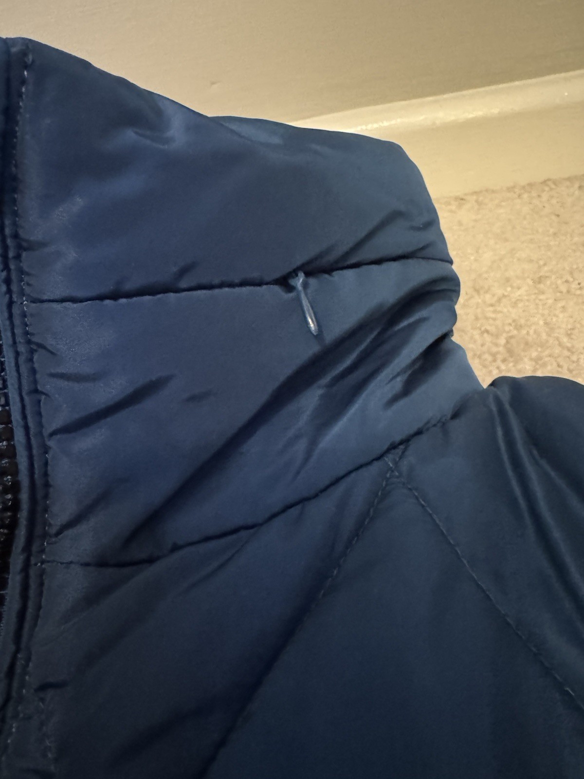 M&S DARK MARINE PADDED ZIP FRONT WARM COAT SIZE 14, CONCEALED PACKAWAY HOOD VGC