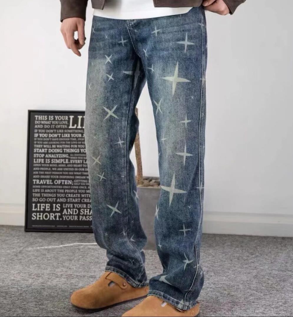 Men’s Denim Blue Jeans Printed Retro Casual Pants Punk Hip Hop Trousers Straight