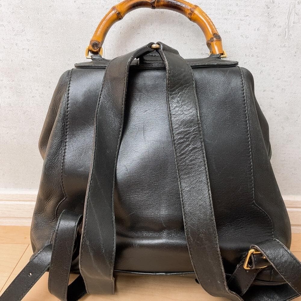 Gucci Bamboo Leather Backpack Black Vintage Turn Lock Drawstring Auth