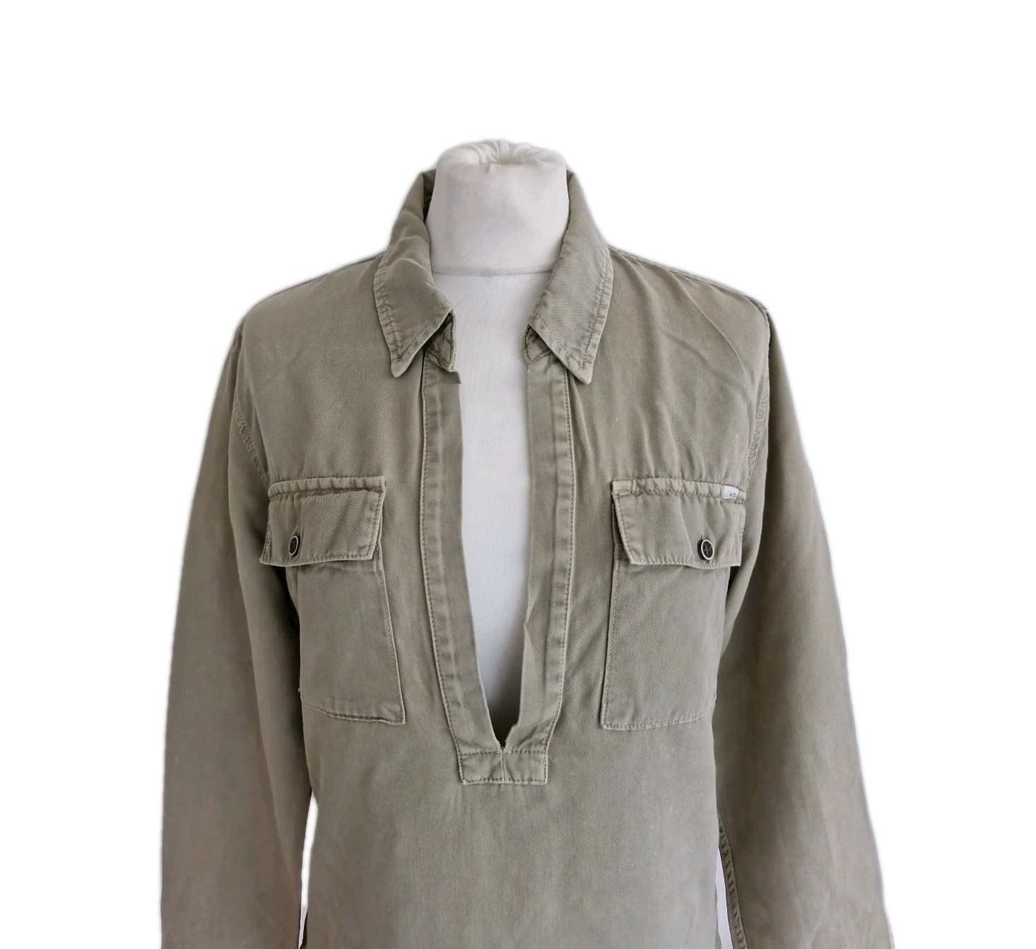 Mother The Frenchie Slipover Cotton Blend Military Green Shirt Womens Size Small